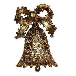 Tancer II Vintage Gold Tone Bell Brooch With Rhinestones & Bow